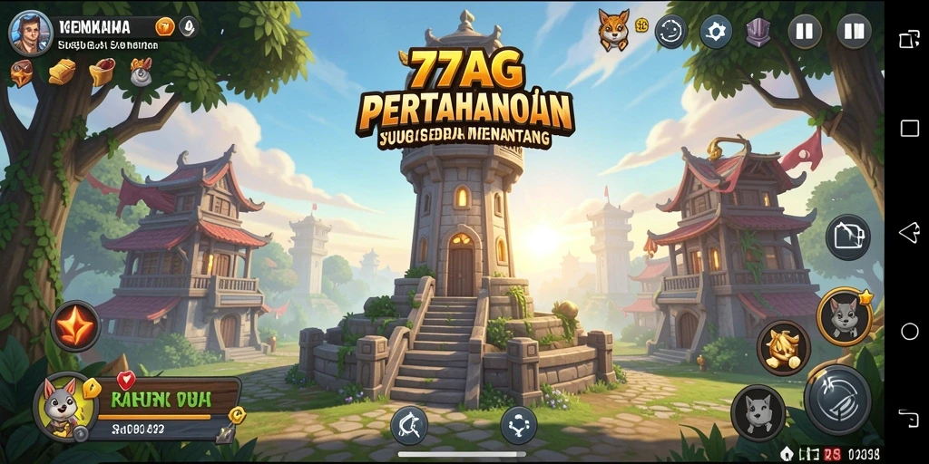 Tampilan gameplay seru dari 77AG dengan menara dan musuh.