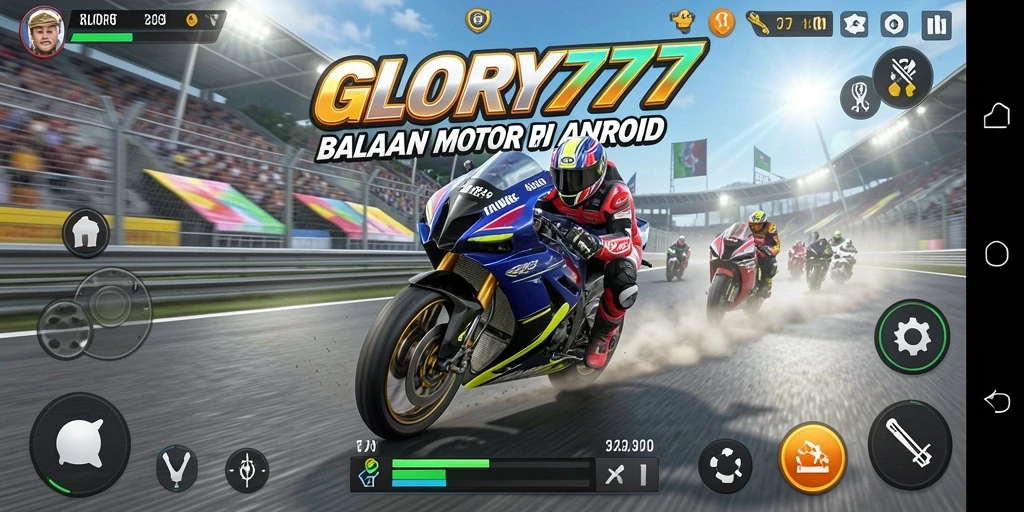 Screenshot dari gameplay <strong>GLORY777</strong> menampilkan balapan motor yang seru dan mendebarkan.