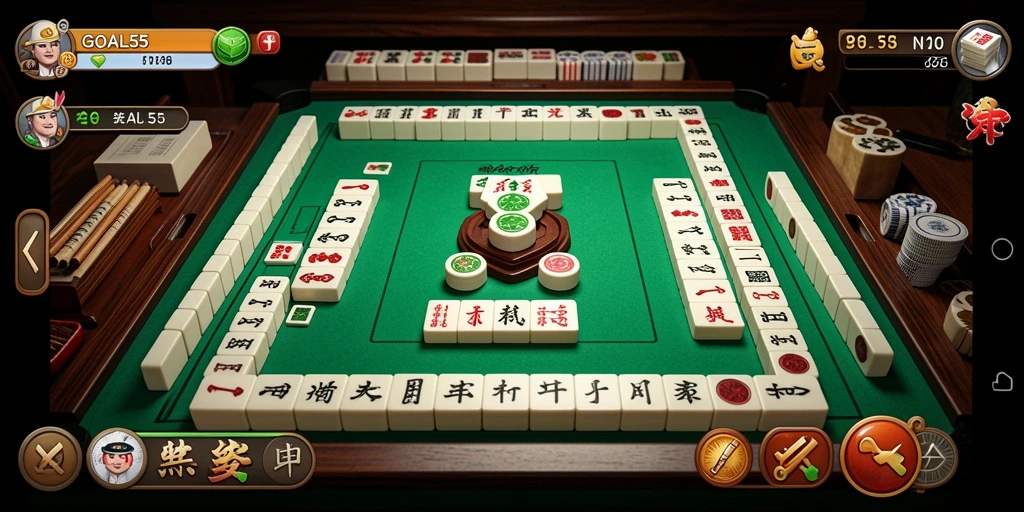 Tampilan gameplay menarik dari GOAL55 dengan antarmuka Mahjong yang intuitif.