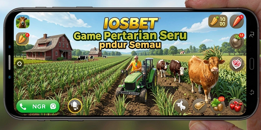 Screenshot gameplay <strong>IOSBET</strong> dengan pertanian yang subur dan aktivitas petani.