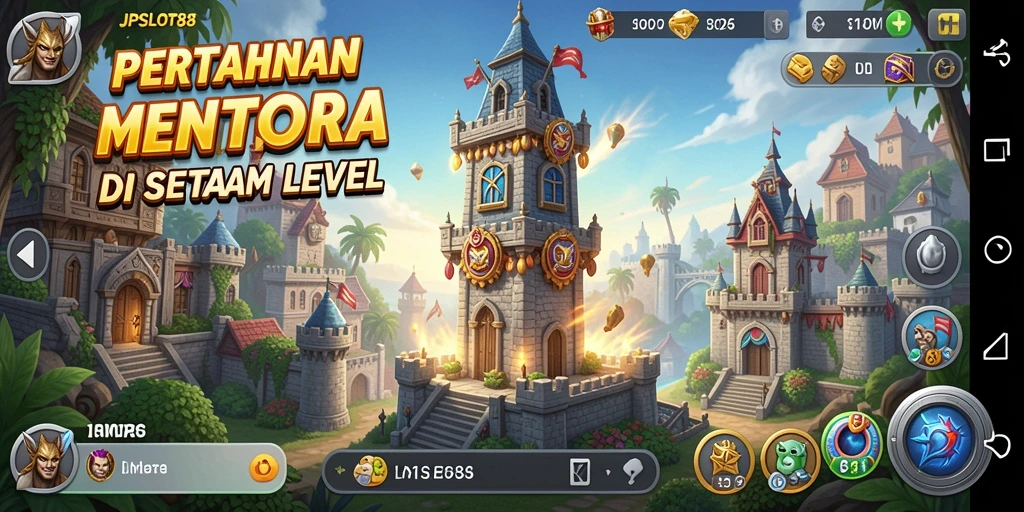 Tampilan gameplay JPSLOT88 menunjukkan menara melawan gelombang musuh yang menyerang.