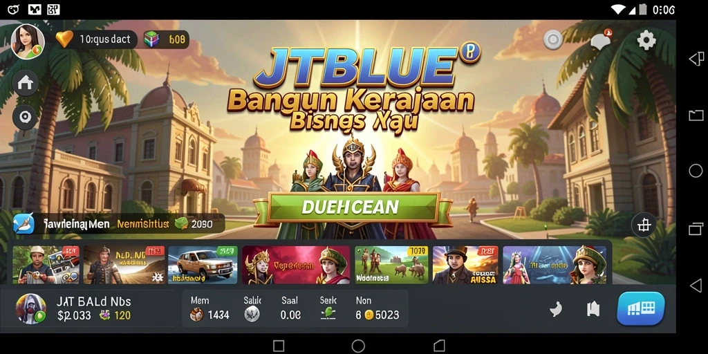 Screenshot gameplay JTBLUE yang menunjukkan pengelolaan bisnis yang strategis.
