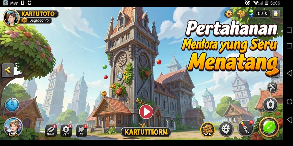 Tangkapan layar gameplay <strong>KARTUTOTO</strong> yang menampilkan aksi menara pertahanan melawan musuh.