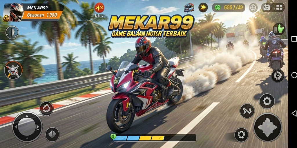 Tangkapan layar dari gameplay MEKAR99 menampilkan balapan motor yang seru.