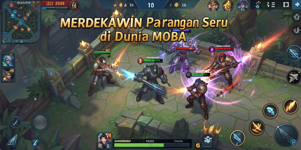 Tangkapan layar dari gameplay seru MERDEKAWIN dengan aksi pertarungan MOBA.