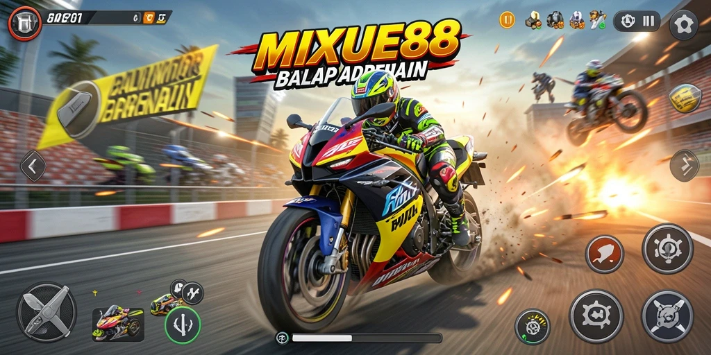 Screenshot gameplay menampilkan aksi balap motor yang mendebarkan.
