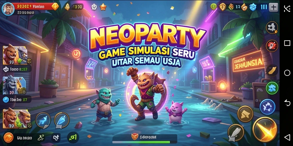 Tampilan gameplay NEOPARTY yang penuh warna dan interaktif.