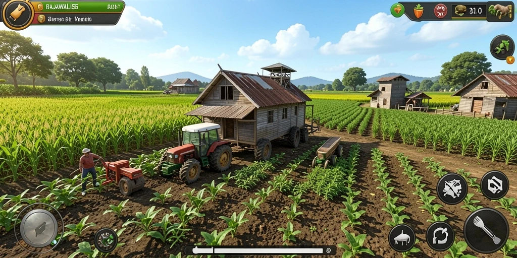 Screenshot gameplay RAJAWALI55 yang menampilkan aktivitas pertanian yang seru.