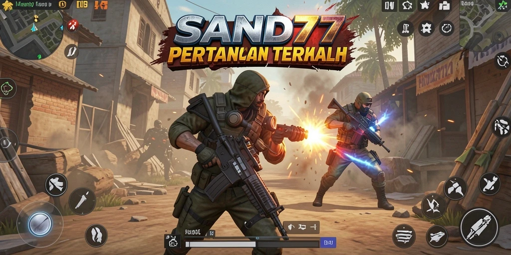 Screenshot utama SAND77 menampilkan aksi seru dalam battle royale.