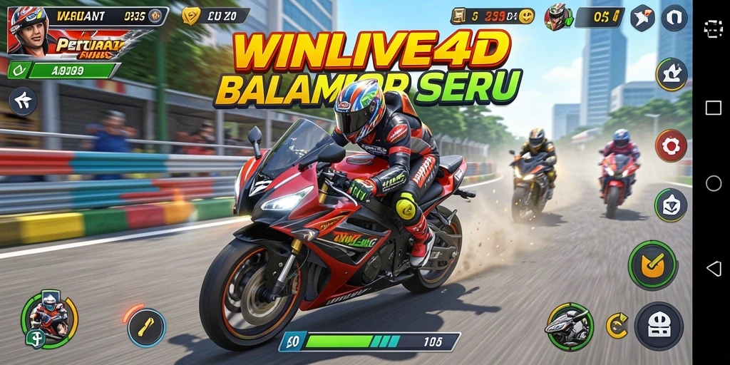 Tampilan gameplay seru di WINLIVE4D dengan balapan motor yang mendebarkan.